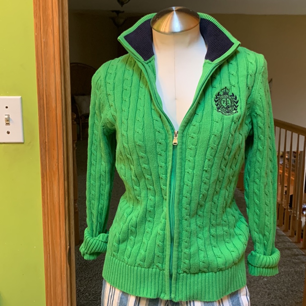 Ralph Lauren cable knit full zip lime green and navy blue sweater Medium